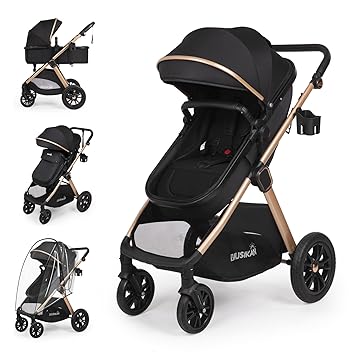 All-Season 6-in-1 Baby Stroller: Reversible Seat, Large Storage, Rain Cover, Black