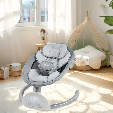 Ultimate Grey Baby Swing Chair: Aluminum Alloy, 5-Speed with Remote, Speaker & 5-Point Harness – Perfect Portable Gift for Halloween & Christmas!