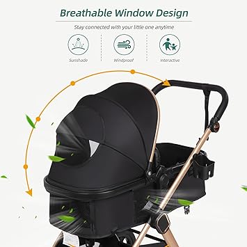 All-Season 6-in-1 Baby Stroller: Reversible Seat, Large Storage, Rain Cover, Black