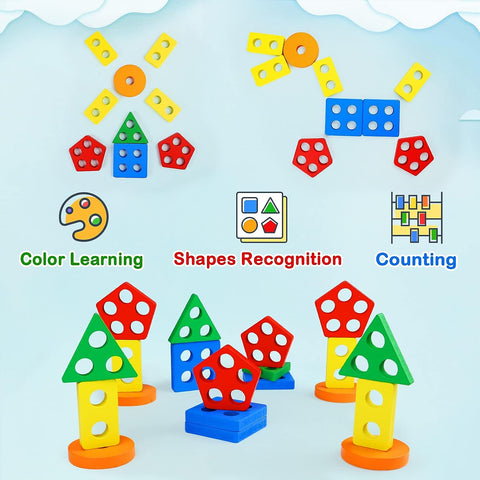 Montessori Toys for Toddlers: Wooden Shape Sorter & Stacking Puzzle – Perfect Educational Gift for Boys & Girls Ages 1-3