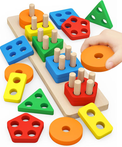 Montessori Toys for Toddlers: Wooden Shape Sorter & Stacking Puzzle – Perfect Educational Gift for Boys & Girls Ages 1-3