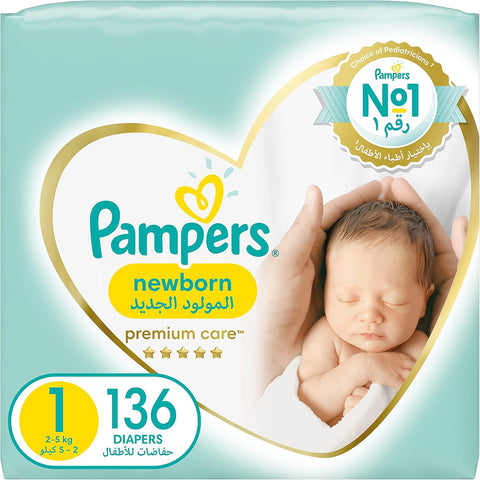 Pampers Premium Care Newborn Taped Diapers, Size 1, 2-5kg, Unique Softest Absorption for Ultimate Skin Protection, 136 Count