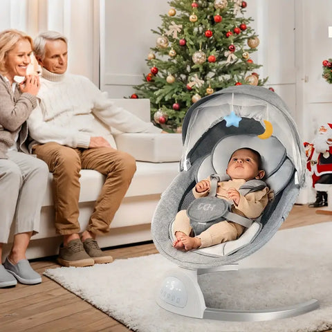 Ultimate Grey Baby Swing Chair: Aluminum Alloy, 5-Speed with Remote, Speaker & 5-Point Harness – Perfect Portable Gift for Halloween & Christmas!