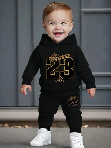 Baby Boy's Autumn And Winter Chicago 23 Print Hooded Sweatshirt + Pants Outdoor Set, 2pcs Comfy Trendy Outfits For For Outdoor Play And Daily Life