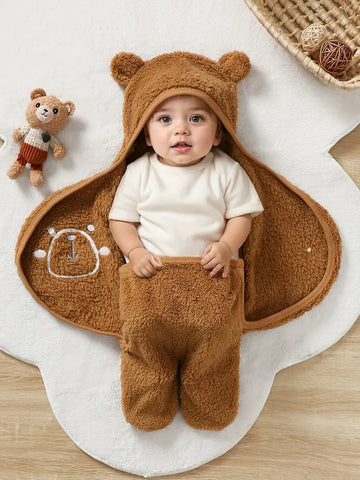 Cozy Baby Bear Plush Footed Jumpsuit – Adorable Cape Style Outfit for Fall & Winter Outdoor Adventures!